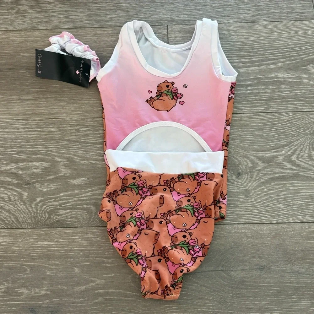 NWT Gym Gear Kids Brown Capybara Animal Print Gymnastics/Dance Leotard Size S‎